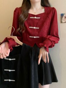 Red Unique Beautiful Large Size Womens Spring Autumn Chinese Style Shirt Square Collar Slimming Top Korean Loose Fit Long Sleeve