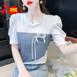 HZW 2023 new short-sleeved summer color matching denim slim female blouse casual round neck Korean version of minority blouse
