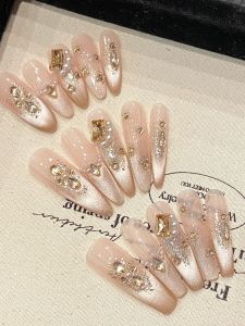 Handmade Pearl Long Removable False Nails French Style Square Diamond Nude Cats Eye Sweet Romantic White Enhancing False Nails