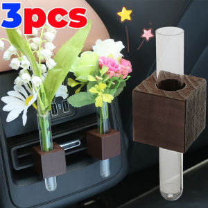 3PCS Mini Car Flower Vase Clip Elegant Adjustable Car Vent Flower Vase Walnut and Glass Creative Car Vent Decor Dashboard Decoration