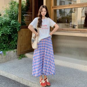 YINLUOYA | Summer Beautiful Plaid Letter Print Loose Slimming Elastic Waist Skirt Set Womens Short Sleeve Round Neck Other 100% Material