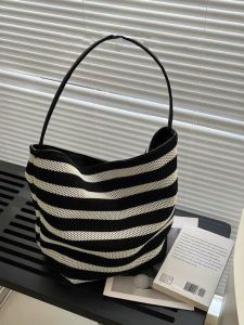 Elegant Black White Striped Bucket Bag Commuter Single Shoulder Beach Vacation Summer Casual Tote Bag Soft Polyester Lining