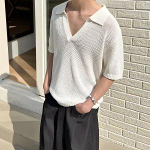 เสื้อโปโลคอฮันซีสไตล์ย้อนยุคสำหรับผู้ชาย แขนสั้น ทรงหลวม ผ้าถัก ผ้าฝ้าย ผ้าโพลีเอสเตอร์ ฤดูร้อน 2025 แฟชั่นสตรีท