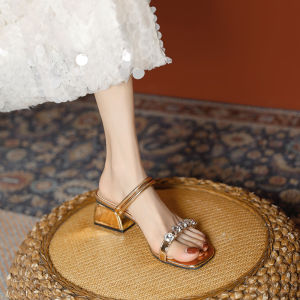 French Style Two-Way Wear mid Heel Chunky Heels Sandals Women Summer New Diamond High Heels Fairy Style Outdoor Slippers