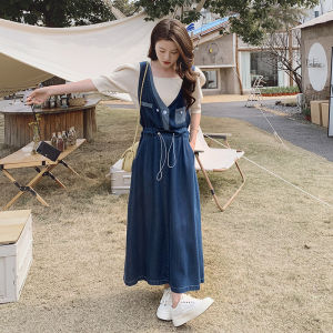 ชุดเดรสแขนกุดผ้าเดนิมสไตล์เกาหลีเอวสูง กระโปรงทรงเอ ผ้าโพลีเอสเตอร์ ฤดูร้อน 2023 เสื้อผ้าทำงานสำหรับผู้หญิง