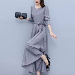Spring Autumn New Womens Cotton Linen Slim Fit Long Sleeve A-Line Dress Elegant Style Mid-Length Waist-Cinching Slimming