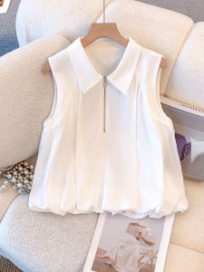 เสื้อเชิ้ตแขนกุดสีขาวสไตล์ฝรั่งเศส สำหรับผู้หญิง ฤดูร้อน 2025 เสื้อเชิ้ตคอปกสั้นแบบมีซิปครึ่งตัว ทรงเข้ารูป สวมใส่สบาย