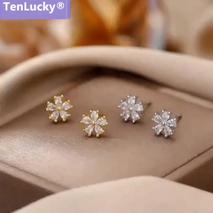 TenLucky Fashion Korean Flower Stud Earrings for Women Luxury Shiny Zircon Ear Studs for Daily Wear