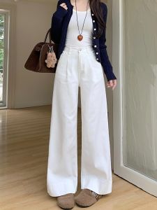 กางเกงยีนส์ขาตรงทรงหลวมเอวสูงสำหรับผู้หญิง กางเกงขายาวทรงหลวมสำหรับฤดูใบไม้ผลิปี 2025 กางเกงขายาวทรงเข้ารูปแบบลำลอง