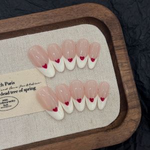 10 Móng Tay Giả Kiểu Pháp Viền Trắng Họa Tiết Trái Tim Đỏ Đơn Giản Làm Bằng Nhựa Thủ Công Dành Cho Nữ Hình Hạnh Nhân Ngọt Ngào
