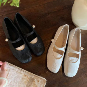 Tuberose National Style New Chinese Pearl with Square Toe Jacquard Mary Jane Single Shoes Heel Women's Shoes