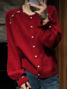 UYFY | Red Heavy Embroidery Big Size Slimming Knitted Cardigan