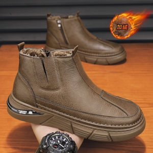 รองเท้าผู้ชายแบบสวมเท้ารองเท้าผ้าฝ้ายบุขนกำมะหยี่กันหนาวใส่ช่วงฤดูหนาวสำหรับผู้ชายรองเท้าหนังกันน้ำสำหรับทำงานและทำงานสำหรับผู้ชายรองเท้าบูทมาร์ตินพื้นหนากันลื่น