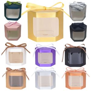 10pcs Hexagon Cake Box Packaging Paper Bags Candy Boxes Birthday Gift Box with Clear PVC Window Presents Flowers Sweets Packge