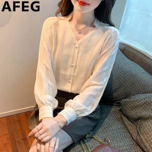 AEEG Korean V-neck fashion loose temperament vertical stripe chiffon long sleeve blouse for women