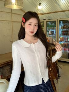 PPHOME Korean Style Long Sleeve Knitted Top with Lace Design And Baby Collar for Women Autumn New Arrival White Enhancing Versatile
