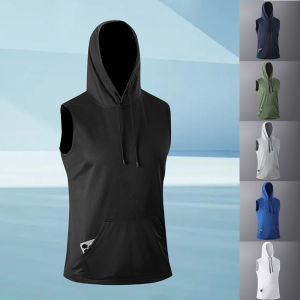 Sports Hooded Vest T-Shirt Summer New Ice Silk Breathable Sleeveless Top Running Fitness Loose Vest Plus Size Mens Clothing