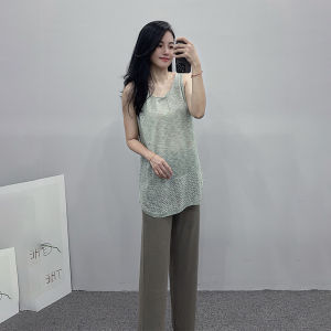 เสื้อกั๊กถักบางเฉียบแขนกุดแบบโปร่งหลวมๆ สำหรับผู้หญิงไซส์ใหญ่ 140 ปอนด์ เสื้อชั้นในแบบสวมหัวสไตล์เกาหลี