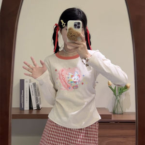 Cute Cartoon Short Sleeve Long T-Shirt Womens Spring Autumn Thin Shoulder round Neck Slimming Short Base Shirt Cotton Blend