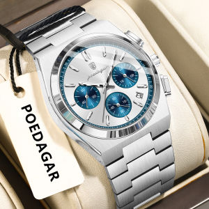 POEDAGAR Fashion Mens Wristwatch Chronograph Date Stainless Steel Quartz Man Clock Waterproof Luminous Business Watches For Men