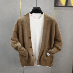 Mens Knitted Mink Vest Casual Soft Lazy Style Spring Autumn Loose Fit Korean Version Sweater V-Neck Long Sleeve Business Casual