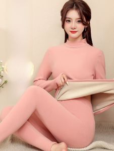 Couples Warm Underwear Set Mens Womens Fleece Lined Thick High Neck Lamb Velvet One Piece Autumn Clothes Bottoming Shirt