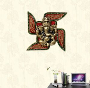 st507 Ganesha Placed on Swastik Aluminium Metal Wall Hanging (18.5 cm x 3.8 cm x 18.5 cm)