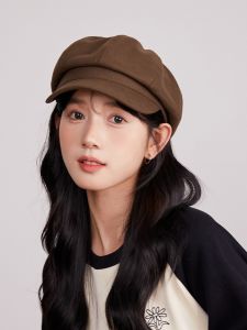 หมวกเบเร่ต์ทรงแปดเหลี่ยมสไตล์เกาหลีสำหรับผู้หญิงในฤดูใบไม้ผลิ หมวกเด็กส่งหนังสือพิมพ์สีน้ำตาลสไตล์ย้อนยุค หมวกนักวาดภาพ หมวกทรงแปดเหลี่ยม