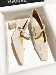 รองเท้าส้นสูง Mary Janes สำหรับผู้หญิง ทรงหัวเหลี่ยม หนังนิ่ม สีขาวทอง ทรงหัวเหลี่ยม ส้นสูง รองเท้าแฟชั่นสำหรับผู้หญิง