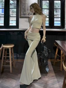NINGXI | Vintage Style High Waist Flared Pants Tight Fitting Outfit