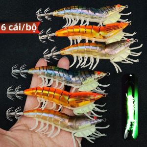 6 Cái/bộ Mồi Câu Tôm Phát Sáng 12cm Mồi Câu Mực Phát Quang Móc Câu Bạch Tuộc Tôm Mực Phụ Kiện Câu Cá Biển Sông