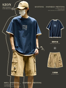 Summer Mens Short Sleeve Set Loose Casual American Style T-Shirt And Workwear Shorts Five-Quarter Length Cotton 100%