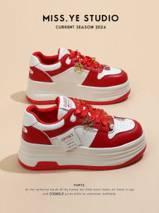 Wedding Shoes Women 2025 New Red Thick Bottom Heightening Genuine Leather White Sneakers Comfortable Cross Buckle Casual Shoes