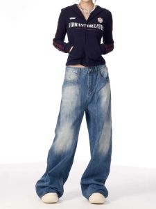 กางเกงยีนส์ทรงหลวมสไตล์ย้อนยุคสไตล์อเมริกันสำหรับผู้ชายและผู้หญิง ทรงเอวต่ำ ทรงหลวม ทรงเอวต่ำ ทรงเอวต่ำ ทรงเอวต่ำ