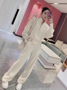 Fashionable Sportswear Set Womens High Waist Wide Leg Pants Casual Hoodie Two Piece Suit Spring Autumn Zipper Stand Collar Cotton
