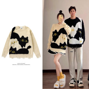 Vintage American College Style Knitted Sweater Cute Cat Couple Fun Leisure Fashion Men Women Long Sleeve round Neck Sweater
