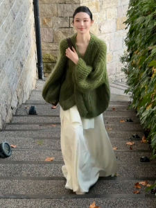 SHANGSHA | Elegant Relax Loose Style Green Knit Skirt