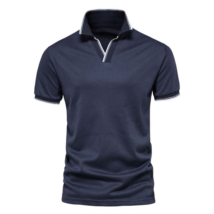 AIOPESON V Neck Polo Shirts for Men Solid Color Short Sleeve Classic ...