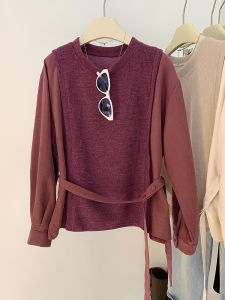 AMILUCK | Womens Shirt Patchwork Knitted Sweater Belt Design High-End T-Shirt Fake Two-Piece Top Comfortable Cotton Long Sleeve Round Neck