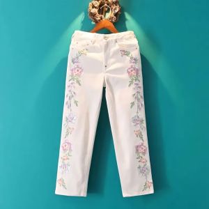 Retro Style Embroidered Floral Womens Jeans High Waist Straight Leg Casual White Chinese Tang Suit Pants Spring Fashion