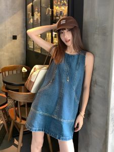 Retro Hong Kong Style Vest Denim Dress Womens Summer 2024 New High Fashion Personality Splicing A-line Skirt Dress