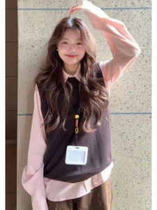 YUEZHONGWEI | Layered Style Knit Vest and Pink Shirt Set