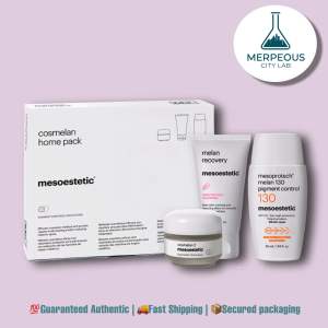 Cosmelan Home Pack Melasma and hyperpigmentation treatment serum and essence set. Mesoestetic Melan Recovery and MesoProtect Pigment Control 130.