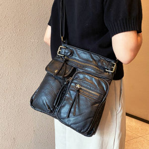 Túi Đeo Chéo Da Giặt Nhiều Túi Phong Cách Cổ Điển Cho Nữ Túi Đeo Vai Nhỏ Túi Xách Da PU Mềm Màu Trơn Không Thể Giặt