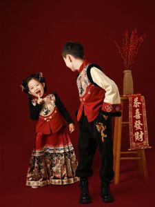 Thickened Cotton Traditional Chinese Costume Set for Brother And Sister Performance Clothes Nursery New Year Outfit Tang Suit