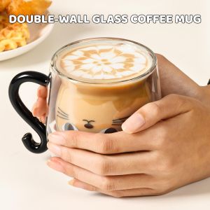 Creative Cute Cat Double-layer Coffee Mug Cartoon Couple Teacup Insulated Glass Mugs With Handle Household Office Drinkware