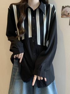 เสื้อเชิ้ตแขนยาวลายทางสีดำสำหรับผู้หญิงไซส์ใหญ่ ทรงหลวม ทรงเข้ารูป เสื้อเชิ้ตผู้หญิงสไตล์เกาหลี ฤดูใบไม้ร่วง 2024