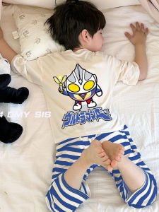 Childrens Modal Thin Short Sleeve Seven-Piece Pants Pyjamas Cartoon round Neck Home Clothes for Boys Breathable Moisture-Wicking