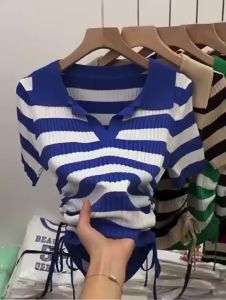 Áo Len Nữ Ngắn Tay Phối Dây Rút Sườn Họa Tiết Kẻ Ngang Bắt Mắt - LCXA165