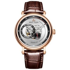 Mens Automatic Mechanical Watch5ATM Water ResistantSkeleton Luminous Dial24-Hour IndicatorCowhide Strap 42mm Large Dial